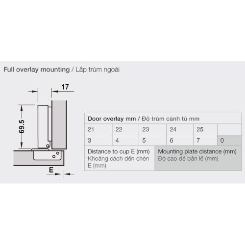 Ảnh kích thước Bản Lề Metalla SM 95° Trùm Ngoài Hafele 308.03.003