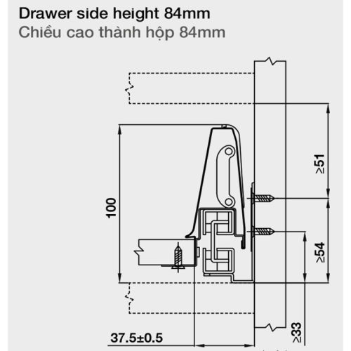 Ray hộp âm Hafele 552.03.785 10 Chiều cao ray hộp âm Hafele 552.03.785