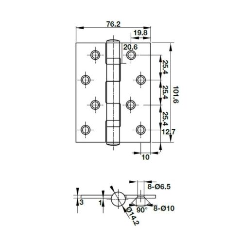 Kích thước Bản lề lá 2 vòng bi 70Kg Hafele 926.20.110