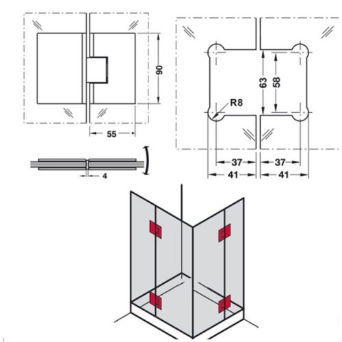 Bản lề phòng tắm kính 180 độ Häfele DIY 499.05.807 9 Kích thước Bản lề phòng tắm kính 180 độ Häfele DIY 499.05.807