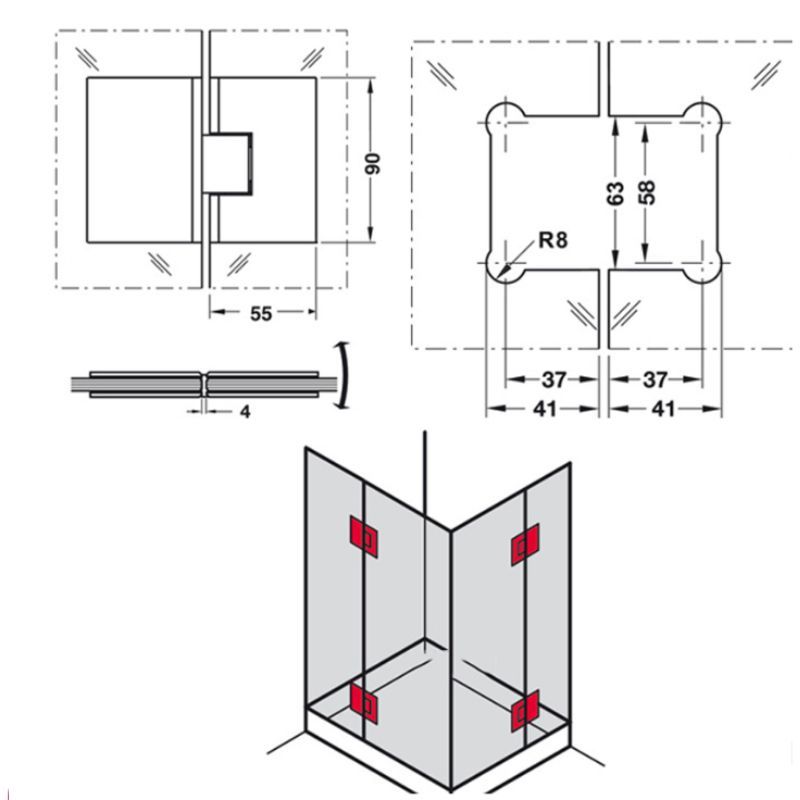 Bản lề phòng tắm kính 180 độ Häfele DIY 499.05.807 6 Kích thước Bản lề phòng tắm kính 180 độ Häfele DIY 499.05.807