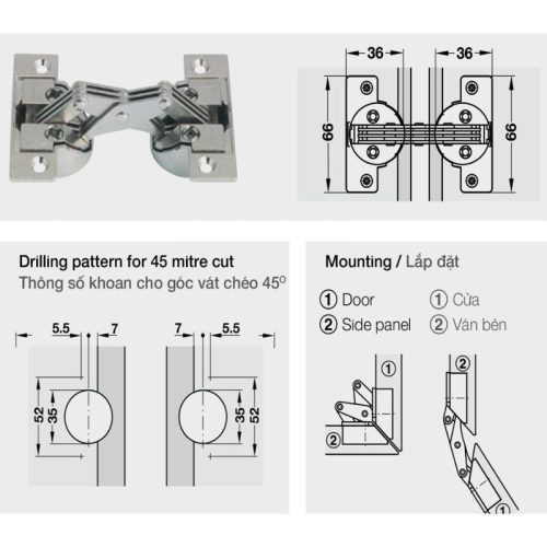 Kích thước Bản Lề Tủ Mitred Cho Góc Vát Chéo Hafele 325.00.708