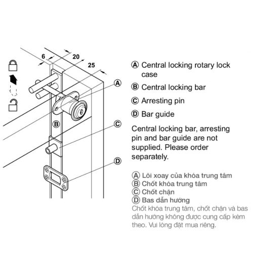 Kích thước bộ khóa trung tâm Hafele 234.99.984