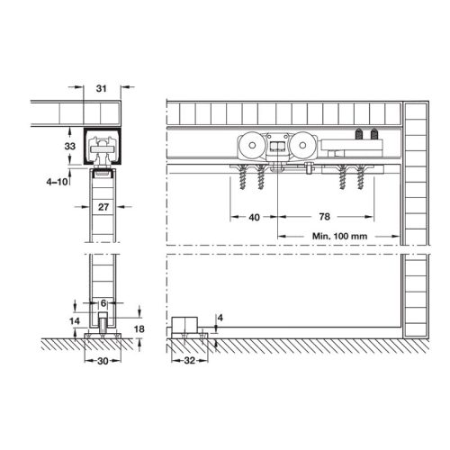 Kích thước phụ kiện cửa trượt Hafele 489.40.024