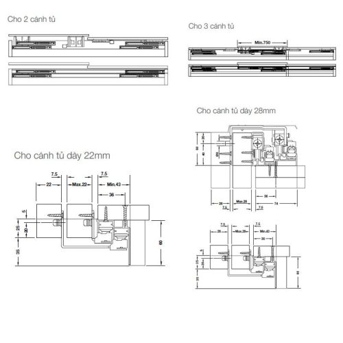 Kích thước phụ kiện cửa trượt Hafele 406.78.027
