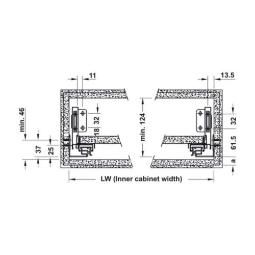 Kích thước Ray hộp Alto-S thanh vuông Hafele 552.55.723