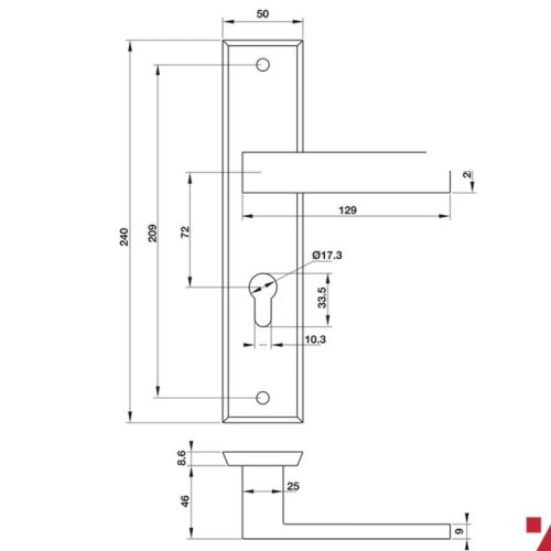 Kích thước Tay nắm Hafele 903.99.302 đế dài C/C 72mm