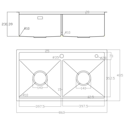Kích thước chậu rửa bát Nobinox LUMIA NJ508D