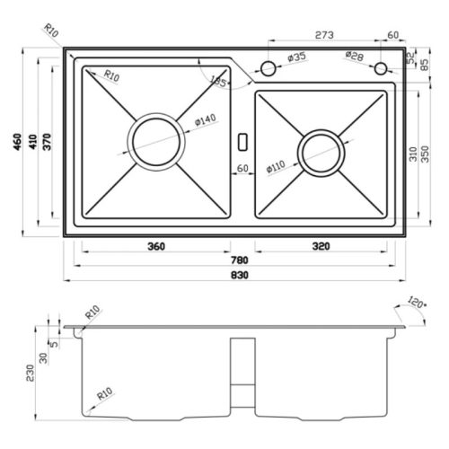 Kích thước chậu rửa bát Nobinox LUMIA NJ513B