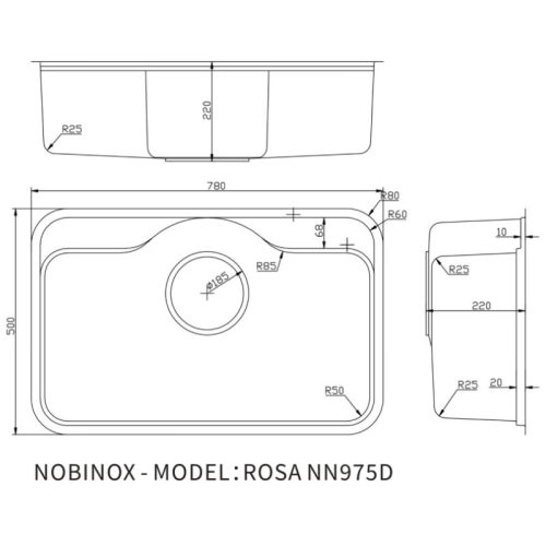 Kích thước chậu rửa bát Nobinox ROSA NN975D