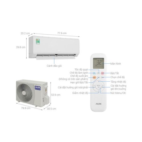 kich thuoc may lanh aux inverter 1 5 hp aw13caa4di 3vn