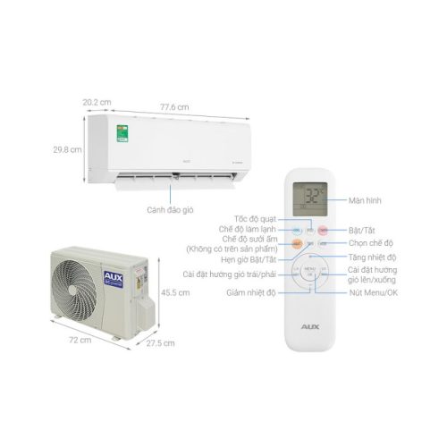 kich thuoc may lanh aux inverter 1 hp aw10caa4di 3vn