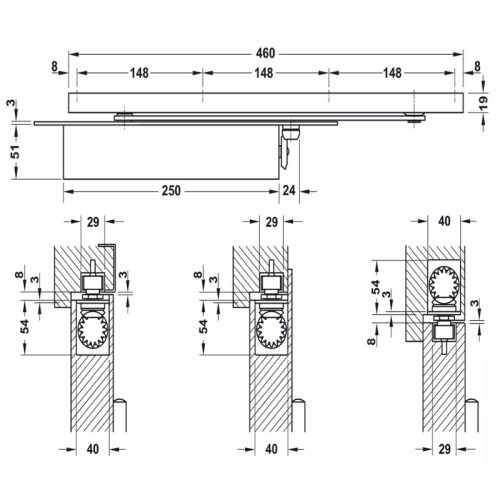 Thiết bị đóng cửa tự động lắp âm 150Kg Hafele 931.84.389 4 kich thuoc thiet bi dong cua tu dong lap am 150kg hafele 931 84 389
