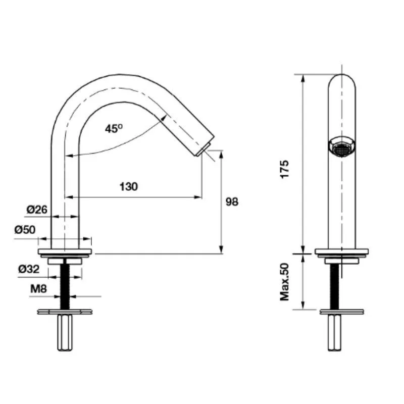 Vòi rửa tay tự động H-175 Hafele 589.63.061 3 Kích thước vòi rửa tay tự động H-175 Hafele 589.63.061