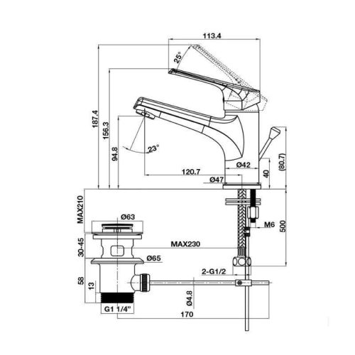 Thông số vòi trộn lavabo Vigor 90 có bộ xả kéo Hafele 589.15.180